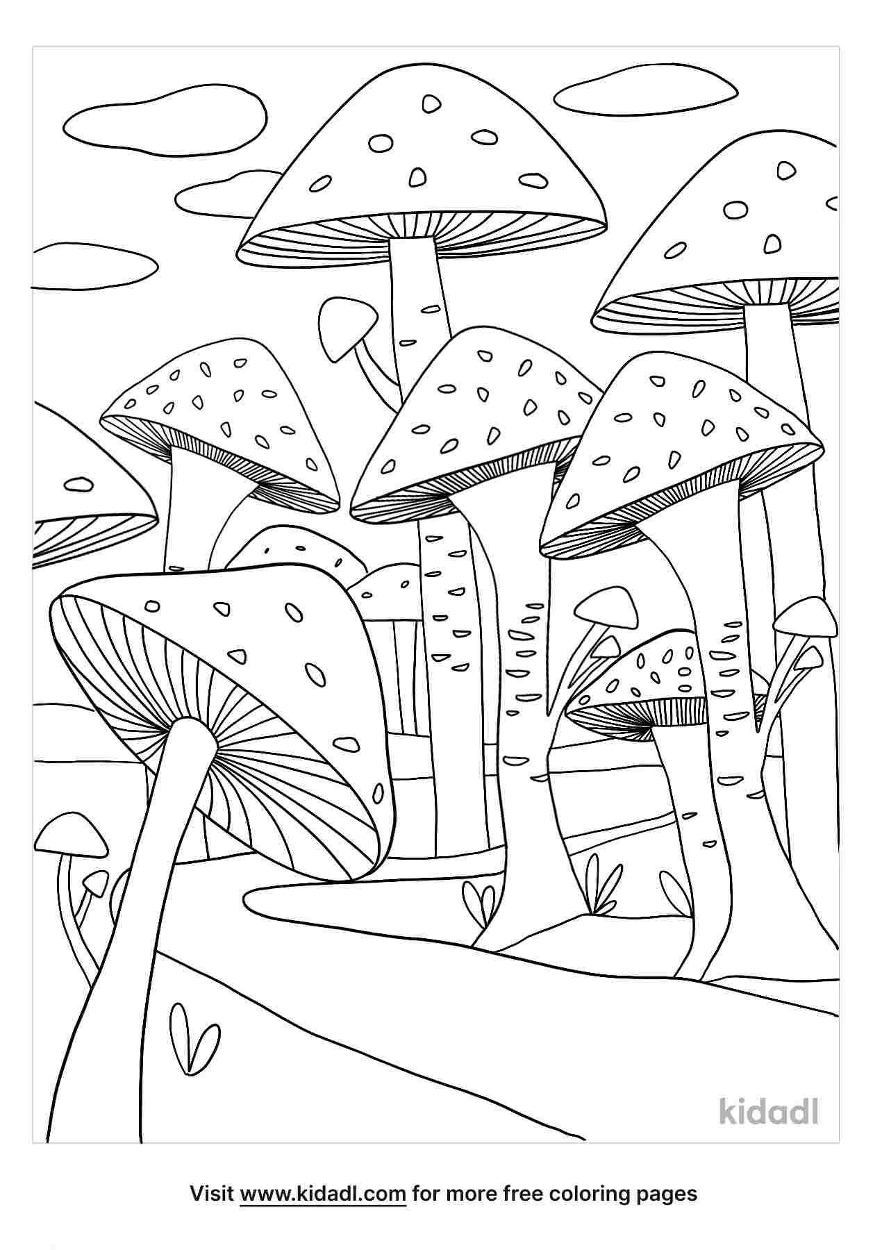 Fun mushroom forest coloring page for kids.
