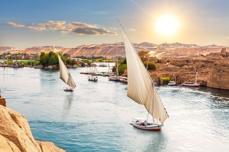 Traditional Nile sailboats near the banks of Aswan.