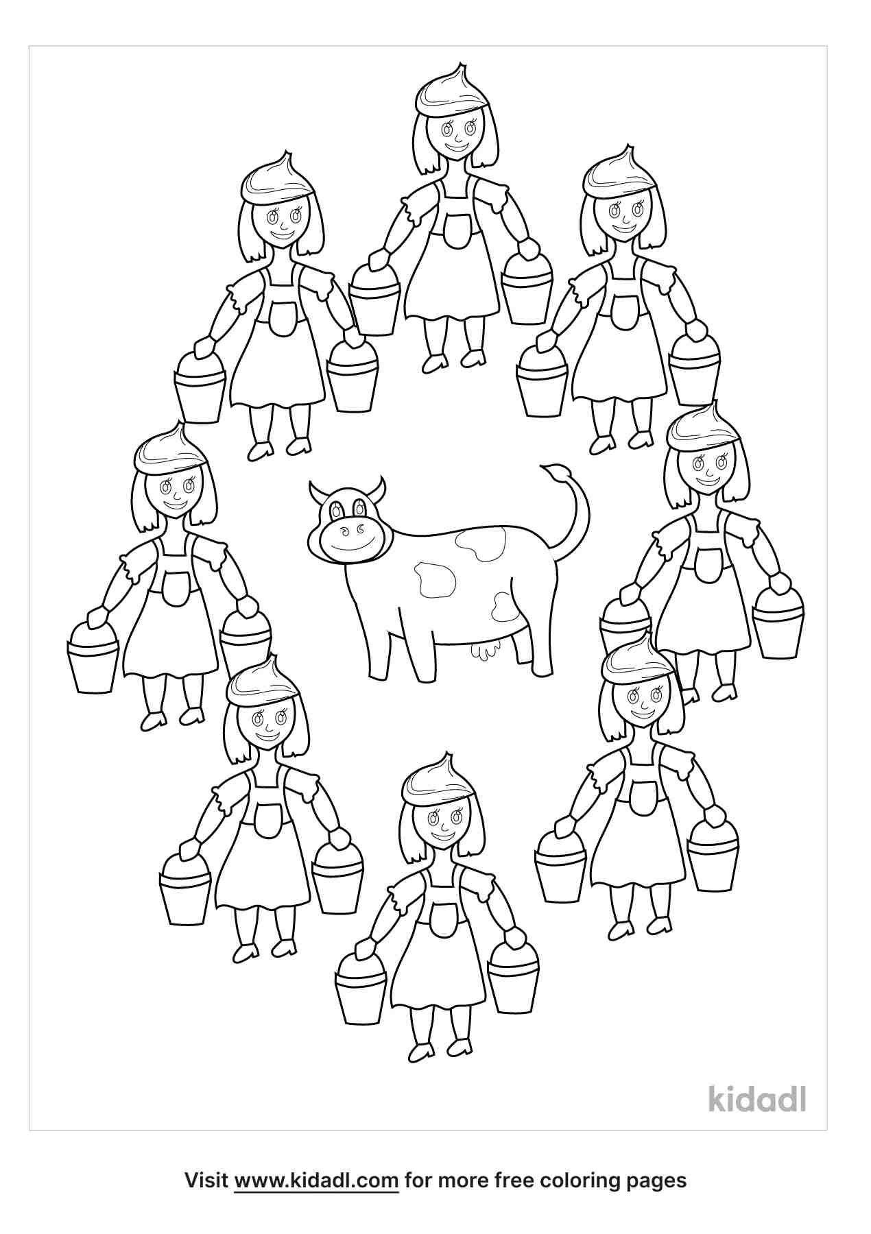 Eight Maids a Milking coloring page for kids.