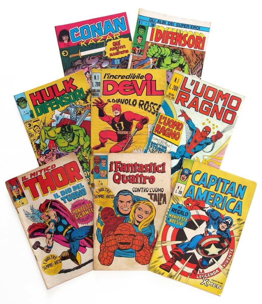 First edition of Marvel comic books, cover of Hulk, Daredevil, Spider-Man, Thor, Fantastic 4, Captain America, Conan, Defenders.