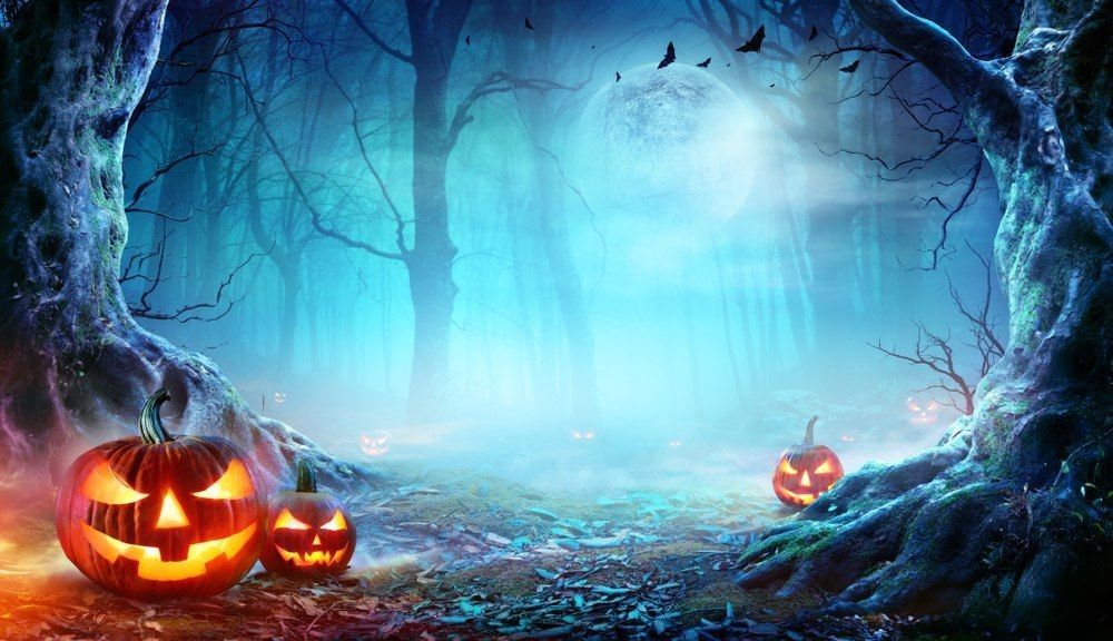 Jack O’ Lanterns In Spooky Forest At Moonlight - Halloween.