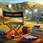 A scene representing Glynn Turman's career as an actor, director, writer, and producer with a director's chair, film scripts, and a vintage camera, set against a film studio backdrop with palm trees and a blue sky