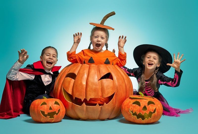 Girls posing with pumpkins wearing Halloween costumes.