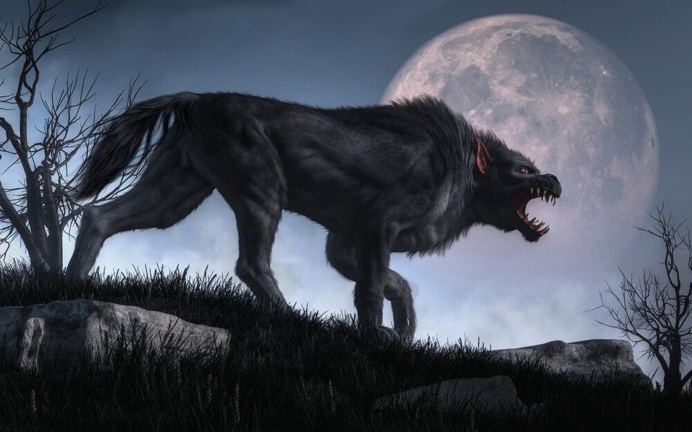 A demonic creature with big claws and teeth stalks through long grass soon after nightfall as the moon rises.