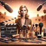 A clapperboard, various makeup products, and a TV presenter's microphone
