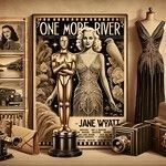 A representation of Jane Wyatt’s career as an American actress with a classic film camera, a sepia-toned film poster of ‘One More River’, a ’30s evening gown, and an Academy Award statuette.', and an Academy Award statuette.