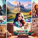 A collage including a fantasy-themed movie set with medieval buildings, a high school setting, a cozy living room with family pictures, and a cartoon portrait of Lilah Fitzgerald in the middle.