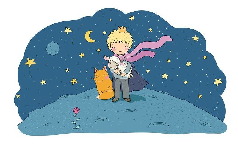 The Little Prince with a rose, a planet and a fox