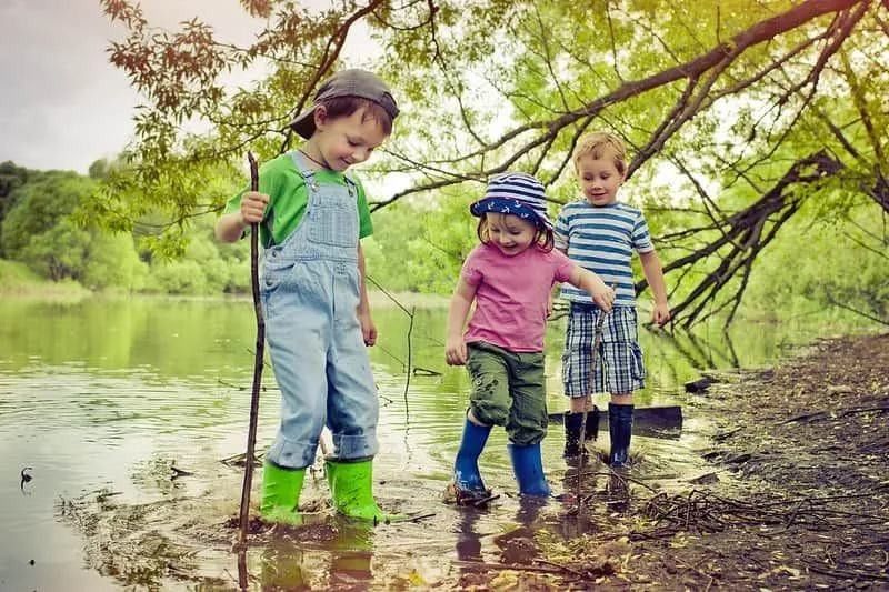 Three children on a camping trip playing in a pond.