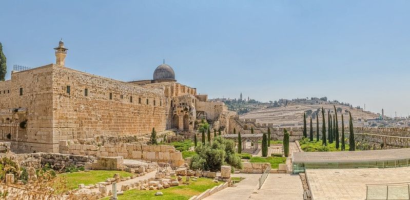 Solomon's temple remains and Al-Aqsa Mosque minaret in Jerusalem.