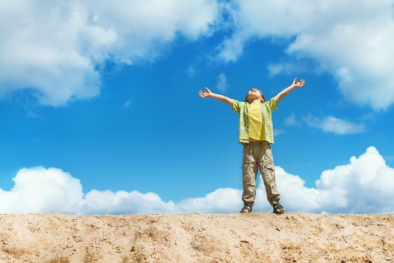 Happy child standing on the top with hands raised up representing look up at the sky day