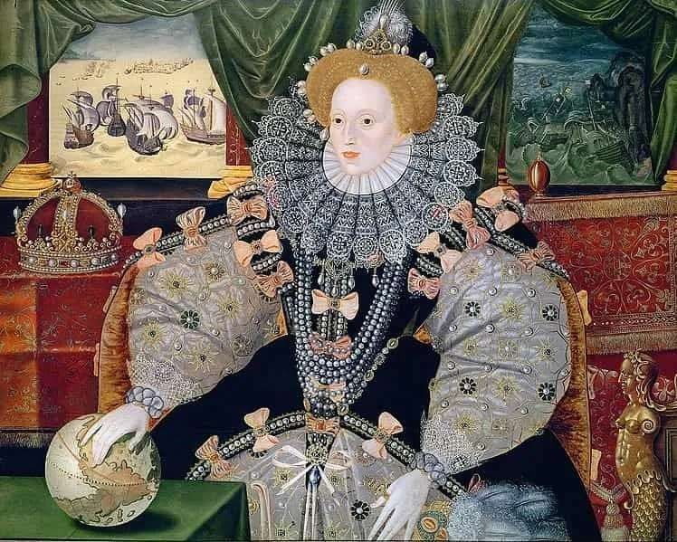 One of Queen Elizabeth I's many Armada portraits, the British victory painted into the background.