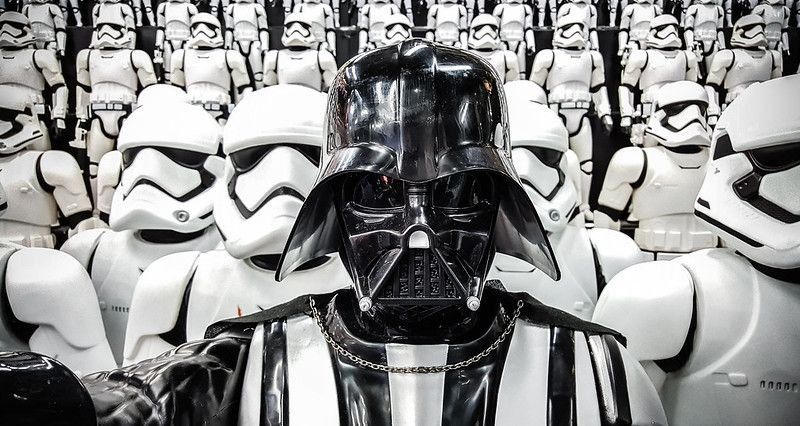 Darth Vader from Star wars with Stormtroopers army