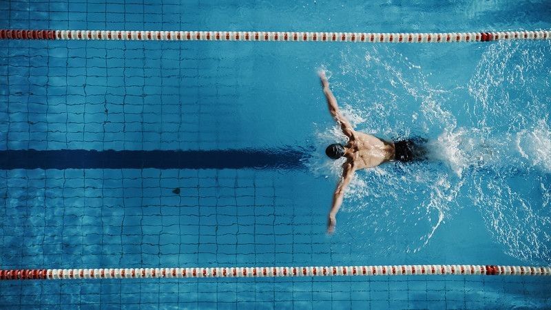 Top View of a male swimmer swimming in pool.