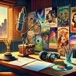 An animation-style room with a microphone, headphones, awards, scripts, and pen on a table, with posters on the wall.