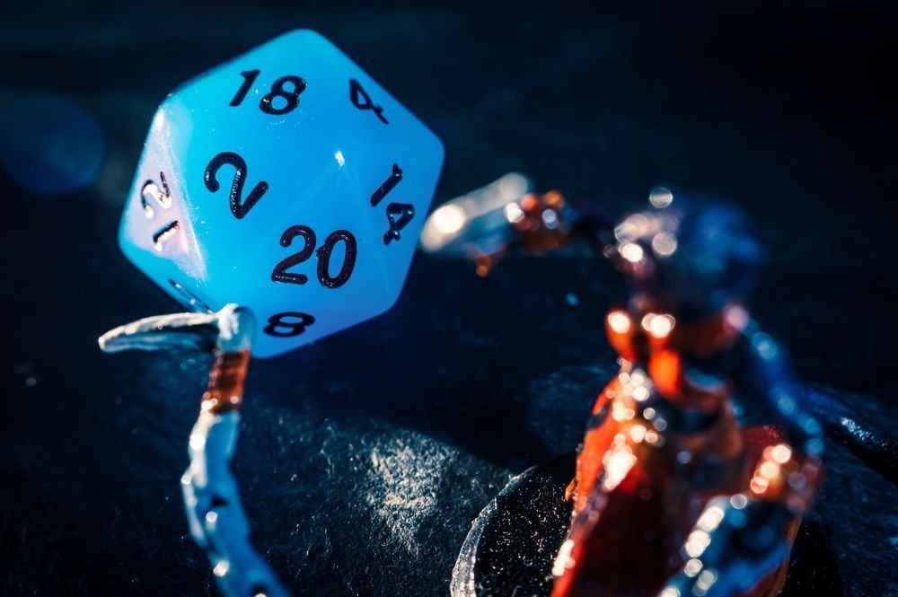 Close up of a blue twenty sided dice