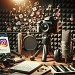 A representation of an Instagram content creator, songwriter, and singer's workspace, including a high-quality camera on a tripod, a smartphone with social media app icons, a notepad filled with song lyrics, a microphone, and headphones.